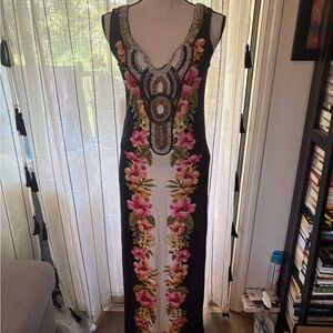 Boston Proper Black and White Maxi Dress with Pink Floral Design